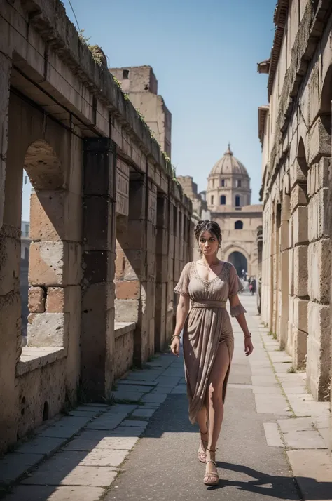 1womanl, looking 45 years old, from ancient Rome, period clothes, from the city of Pompeii, the coliseum in the background, walking down the street, volumetric lighting, athletic, best qualityer, fot, details Intricate, tone mapping, sharp focus, hyper det...