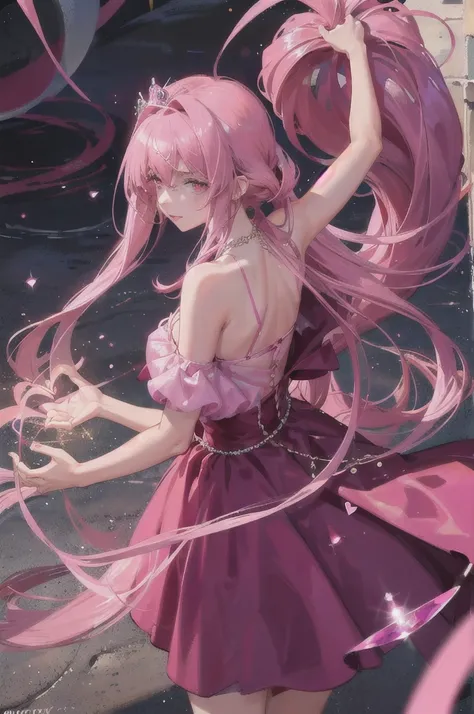 Women, approximately 18 years old, pink eyes, good body, maroon locks in hair, She has a short pink dress with pink gems, his hair is a little long, has pink powers, On her neck she has a necklace with a heart-shaped gem., she is a queen.