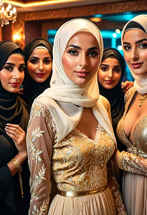 ((Best quality, 8k, Masterpiece :1.3)), (realistic, photo-realistic:1.37) A charismatic man, exuding confidence and charm, in clubbing party room stands surrounded by five young Arab women dressed in hijab, mini skrit lace. Some gently place their hands on...