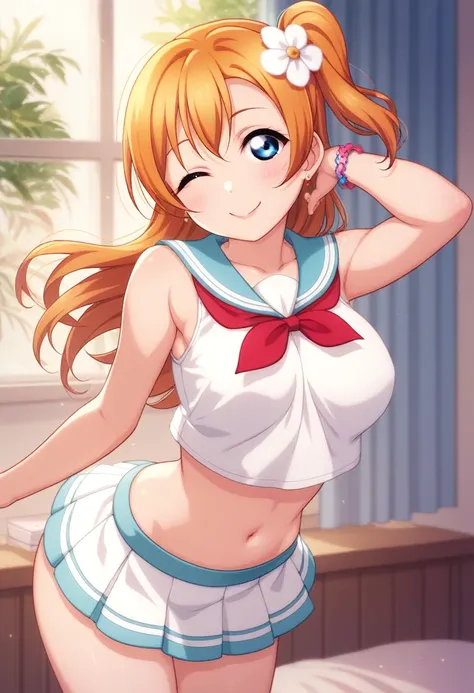 Honoka kousaka love live, cowboy shot, blue eyes, orange hair,hair flower, solo, sailor top, sleeveless, breasts, micro skirt, perfect eyes, Perfect iris，Perfect skin，Soft front light，indoors；（pastel colour:1.2),(lipstick:0.8) ,sexy pose,wink, (slightly be...