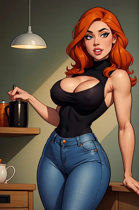 1 female, medium breast, shortstack, happy look, housewife, cleavage, Black turtleneck, orange hair, wavy hair, cross-armed, tight jeans, masterpiece, slanty eyes, realistic lips, buck tooth, masterpiece, 4k.
