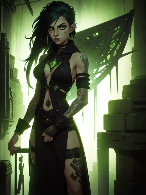 a girl, black hair and phospor green underlights, phosphor green eyes, has tattoos, piercings, light skin but not that light, dressed in dark fantasy style, long hair gothic dark style punk diesel neogothic