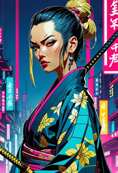 Portrait of beautiful cyberpunk 2b as a samurai in a futuristic kimono, intricate details, by tomer hanuka, j scott cambell, jorge jimenez, kaethe butcher, cel shading, bold lines, dynamic colors, high contrast, surreal, abstract background, coverart, arts...