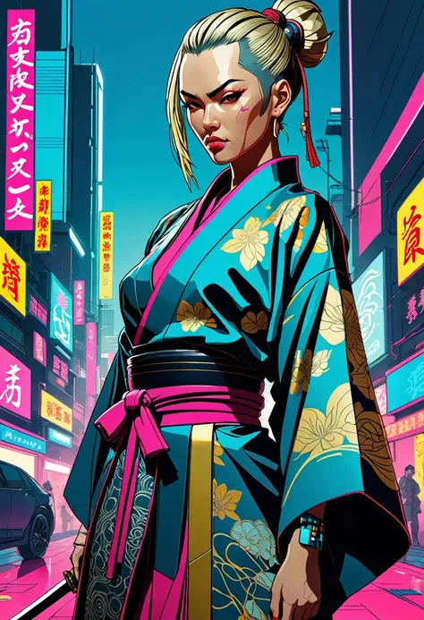 Portrait of beautiful cyberpunk 2b as a samurai in a futuristic kimono, intricate details, by tomer hanuka, j scott cambell, jorge jimenez, kaethe butcher, cel shading, bold lines, dynamic colors, high contrast, surreal, abstract background, coverart, arts...