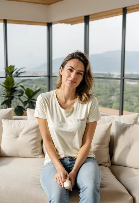 RAW photo, full body, 30-year-old woman, casual t-shirt, sitting on the guest sofa, looking at the viewer, wearing cream shoes, straight forward position, in front of the viewpoint,