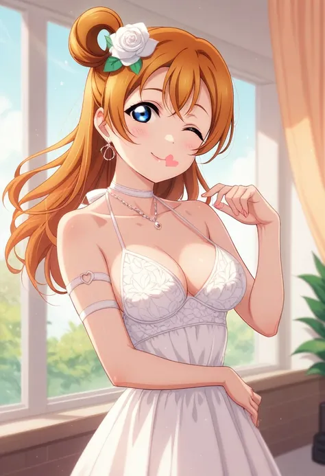 Honoka kousaka love live, cowboy shot, blue eyes, orange hair,hair flower, solo, Fashion , bshoulders, perfect eyes, Perfect iris，Perfect skin，Soft front light，Casual dress，indoors；（pastel colour:1.2), halter neck,thin straps ,(lipstick:0.8) ,sexy pose,win...