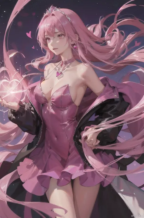 Women, approximately 18 years old, pink eyes, good body, maroon locks in hair, She has a short pink dress with pink gems, his hair is a little long, has pink powers, On her neck she has a necklace with a heart-shaped gem., she is a queen.