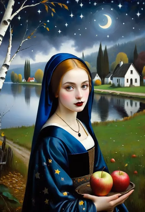 (Cute young attractive girl, Strong Gothic Makeup) a village by the lake and a white birch forest and an apple orchard, a starry night, ((Jan Vermeer style!!!)), Gloomy foggy atmosphere, surrealism, The absurdity of cuteness, attractiveness and rejection o...