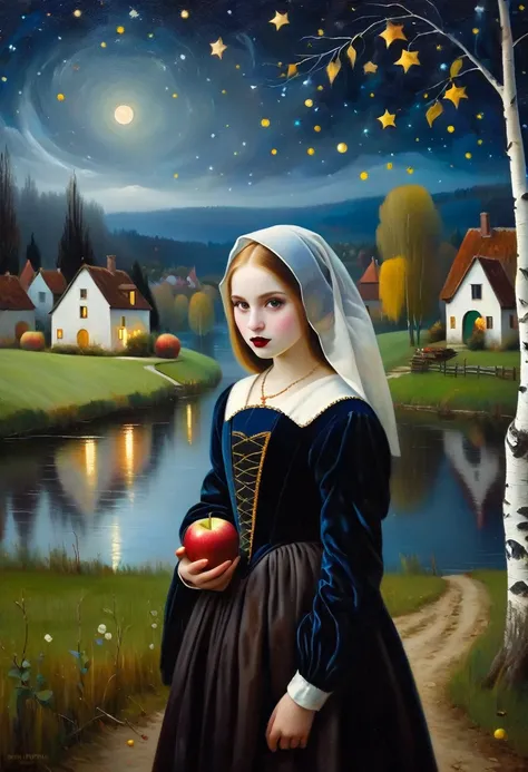 (Cute young attractive girl, Strong Gothic Makeup) a village by the lake and a white birch forest and an apple orchard, a starry night, ((Jan Vermeer style!!!)), Gloomy foggy atmosphere, surrealism, The absurdity of cuteness, attractiveness and rejection o...