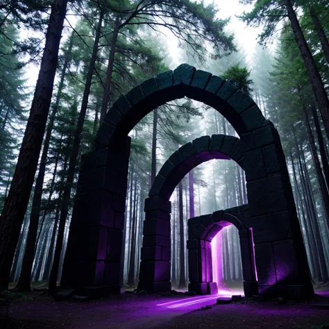 obsidian rectangular portal with purple light in the middle of a fantasy forest as if it were part of a dark fantasy movie from the 80s