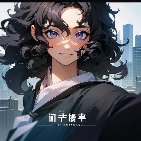 Face of the character on the screen smiling, he has black curly hair, in the background a city, 