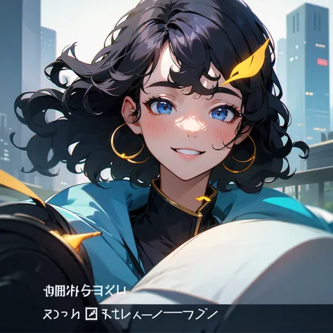 Face of the character on the screen smiling, he has black curly hair, in the background a city, 