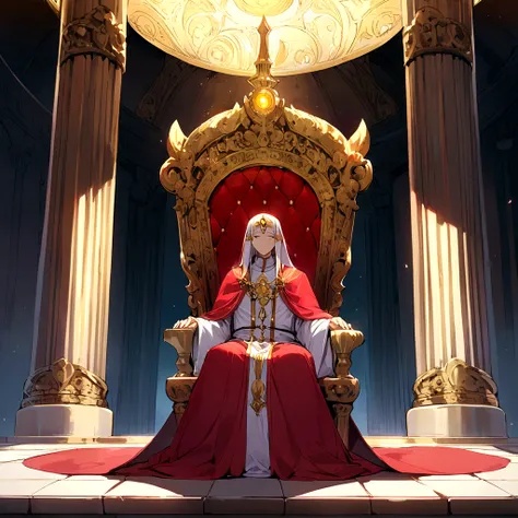 Rules Corneas de Re:Zero as Priest radiating sacred light as a God. He is a man and he is sitting on a Greek throne inside a palace.