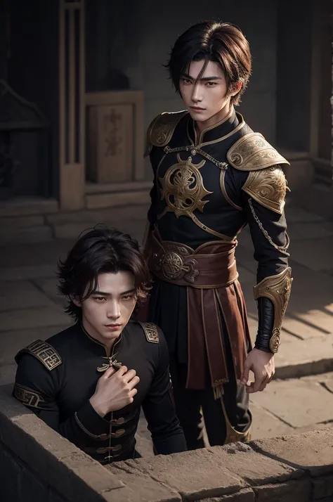 male character, Cao Cao, Scrawny, grimdark, Short and curly hair, merciful eyes, chestnut hair, sensuous, submissive, lunar powers, Solitary, villain, Youngh, adolescent, youthful face, jovial body, mysterious beauty