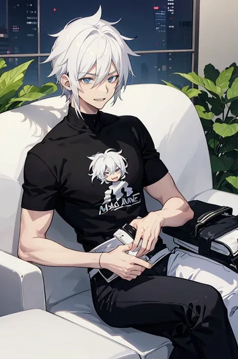 A 25 years old anime man with white hair, sitting  on the couch, Wearing a Black t-shirt, laughing