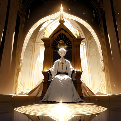 A powerful priest radiating flaming holy light like a God, His white hair is short, and your golden eyes. He is sitting on a throne inside a Greek palace.