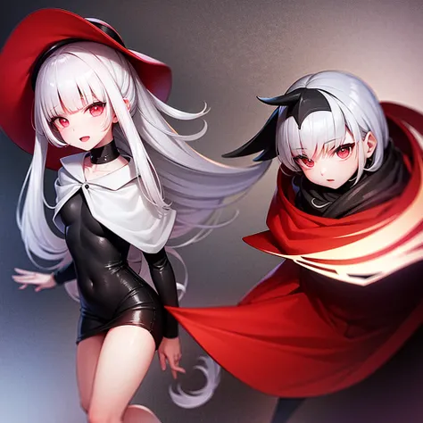 Makes a man with white hair and red eyes wearing a black cap with a black and red coat