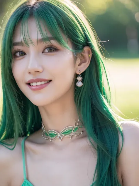 1girl, alone, solitary, high quality, (best quality,4k,8k,highres,masterpiece:1.2),ultra-detailed,(realistic,photorealistic,photo-realistic:1.37),gorgeous hair,mint green hair,long straight hair with bangs,sharp eyes,mole under the eye,plump lips,jewelry,(...