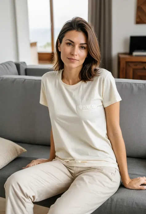 RAW photo, full body, 30-year-old woman, casual t-shirt, sitting on the guest sofa, looking at the viewer, wearing cream shoes, straight forward position, in front of the viewpoint,