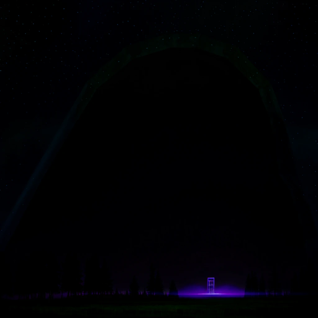 An obsidian rectangular portal with purple light in the middle of a fantasy forest as if it were part of a dark fantasy movie from the 80s