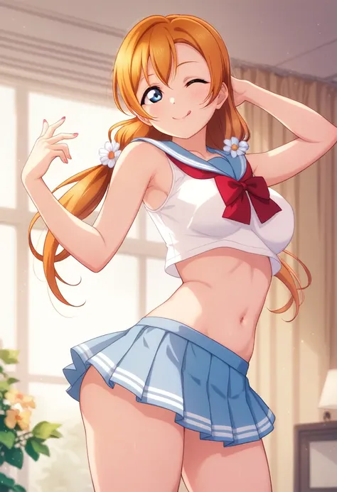 Honoka kousaka love live, cowboy shot, blue eyes, orange hair,hair flower, solo, sailor top, sleeveless, breasts, micro skirt, perfect eyes, Perfect iris，Perfect skin，Soft front light，indoors；（pastel colour:1.2),(lipstick:0.8) ,sexy pose,wink, standing, mo...