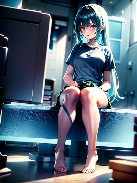 1girl, anime girl, very very anime, gray hair with light blue gradient, beautiful emerald green eyes, t-shirt, short skirt, sitting on floor in gaming room, natural daylight from window, (best quality,4k,8k,highres,masterpiece:1.2), intricate details,highl...