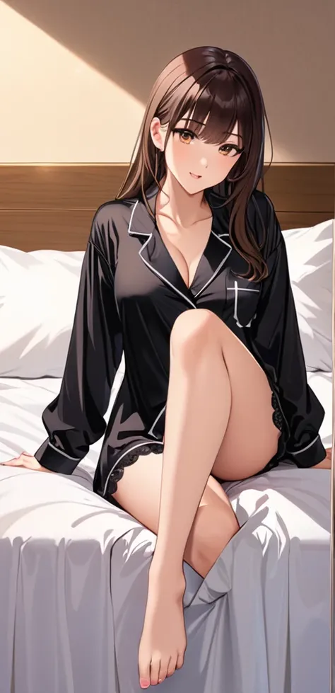 (masterpiece, best quality:1.2), 1girl, sitting in a bed, brunette, long hair, horny, black pajamas，black pajamas short bottoms, sexy pose, open legs,
