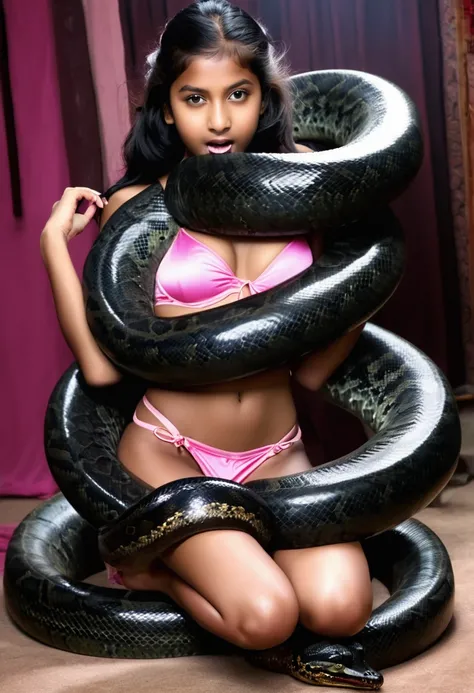 Pink thong Happy Horny, aroused 1girl), beautiful kneeling Indian young teen girl  with  giant colossal black anaconda monster  squeezing her hard, wrapped in thick spiraling coils, constricted, struggle, gasping for air, snake attack, snake peril, moonles...