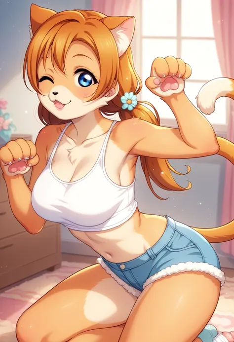 honoka kousaka love live, cowboy shot, blue eyes, orange hair,hair flower, solo, furry crop top, breasts, furry shorts, white fu...