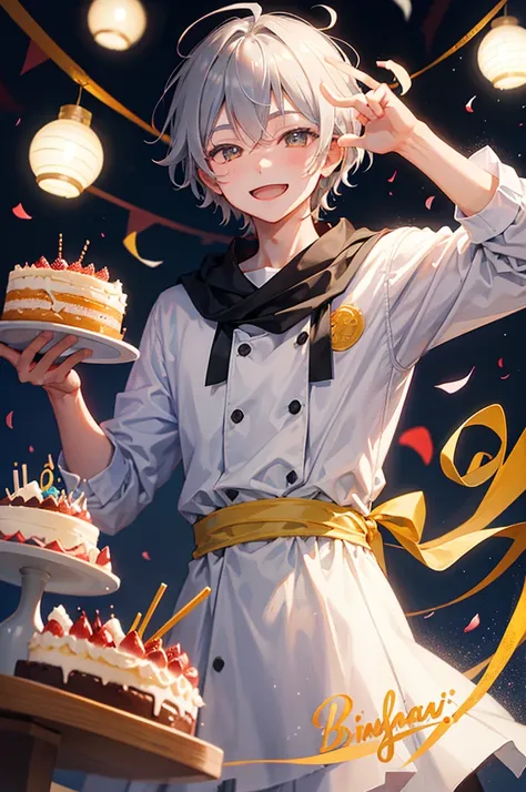 Celebrate a birthday,chum,Kizuna element,Young men,a cake,a smile,Gray Hair