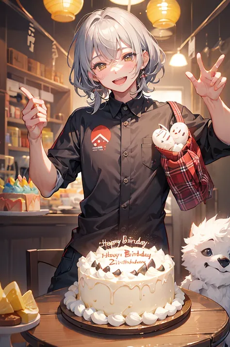 Celebrate a birthday,chum,Kizuna element,Young men,a cake,a smile,Gray Hair