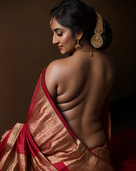 Foto RAW, photorealistic, photography, full body shot, master shot, perfect eyes, goddess like beauty, pierced eyes, perfect thick chubby mallu Desi aunty bhabhi, Wearing a Stanapatta, a chest-band.Saree model, model Photography, Indian saree shoot, Indian...