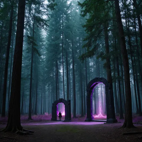 A rectangular obsidian purple portal in the middle of a fantasy forest as if it were part of a dark fantasy movie from the 1970s