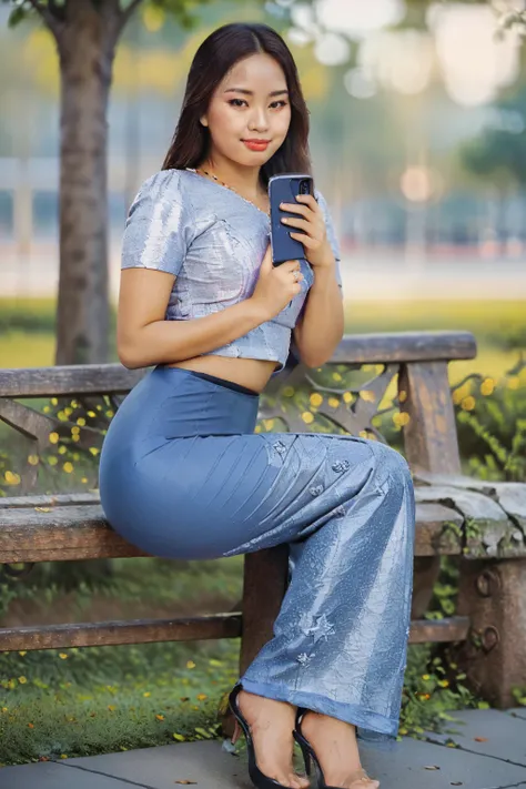 arafed asian woman in a satin dress, (((full body view:2))), ((pretty lady MoonLay:1.2)), (pretty lady MoonLay), ((((pretty lady MoonLays innocent cute face and cute small smile:1.3)))), ((stylish seductive sitting pose with smartphone for photography:1.5)...