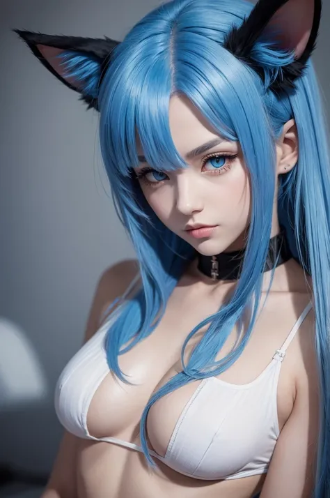 A character with cat ears with blue hair and yellow eyes 