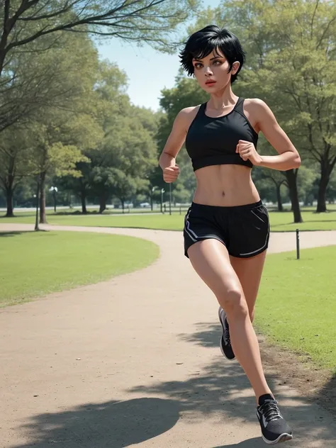 Black short hair woman running in sportswear in a park. 