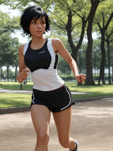 Black short hair woman running in sportswear in a park. 