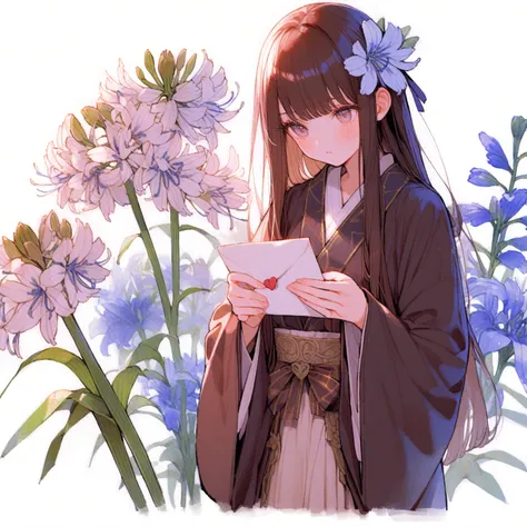 1girl、Agapanthus、「The Arrival of Love」「Love Letter」「Intellectual dress」、Robe of Wisdom、Holding a love letter in my hand, my cheeks turn red、Dark brown long boots、isekai、Agapanthus、tegaki