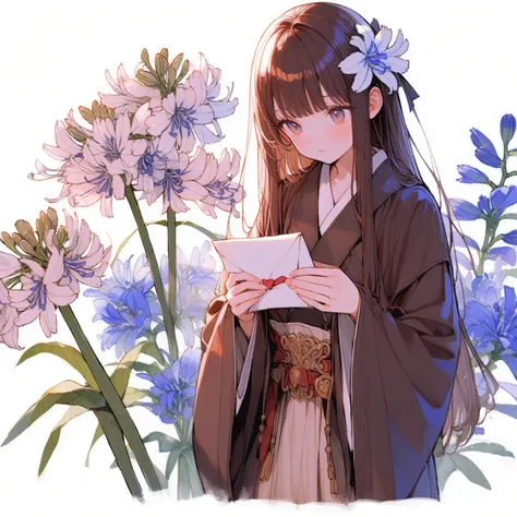 1girl、Agapanthus、「The Arrival of Love」「Love Letter」「Intellectual dress」、Robe of Wisdom、Holding a love letter in my hand, my cheeks turn red、Dark brown long boots、isekai、Agapanthus、tegaki