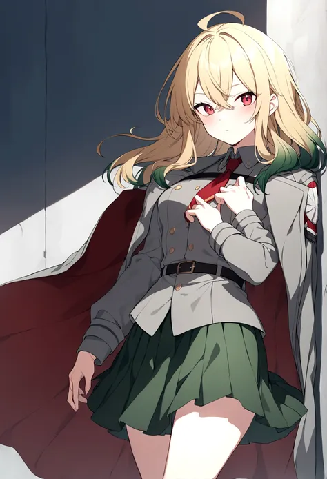 My Hero Academia Capture. Girl with blonde hair and dark green tips, crimson eyes, gray uniform with dark green on the shoulders and dark green skirt