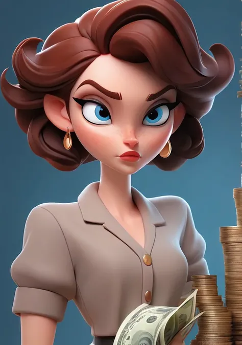 cartoon woman with blue eyes, medium lips animation character, girl with good style, Y2K style,in cartoon style, girl with money, cartoon character, female main character, high-quality character design, professional character design, to hire 3d artist, car...