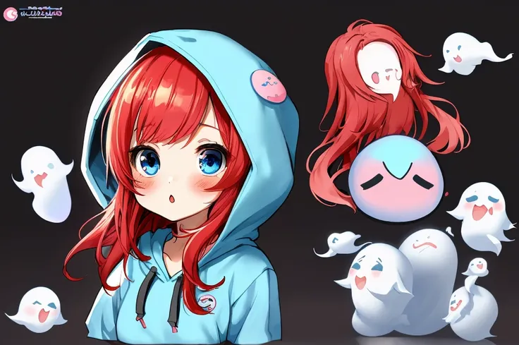 ANIME Chibi Girl, Estilo vetorial, A CUTE girl giving a cute little kiss, wearing a ghost costume, ghost hoodie, no details on the costume, red hair, blue eyes. The logo style should be in the kawaii anime style, artistic. No six fingers, No detailed drawi...