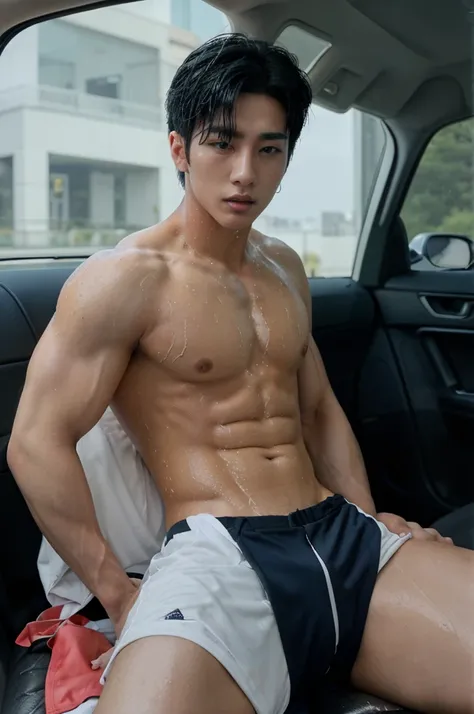 ((best quality), (detailed)), boy, perfect face. Colored image of korean boy as a stud is shirtless , topless, and only wearing a man triangle underwear with an erection. The crotch area is bulging due to his erection. He is masculine, handsome, sexy and h...