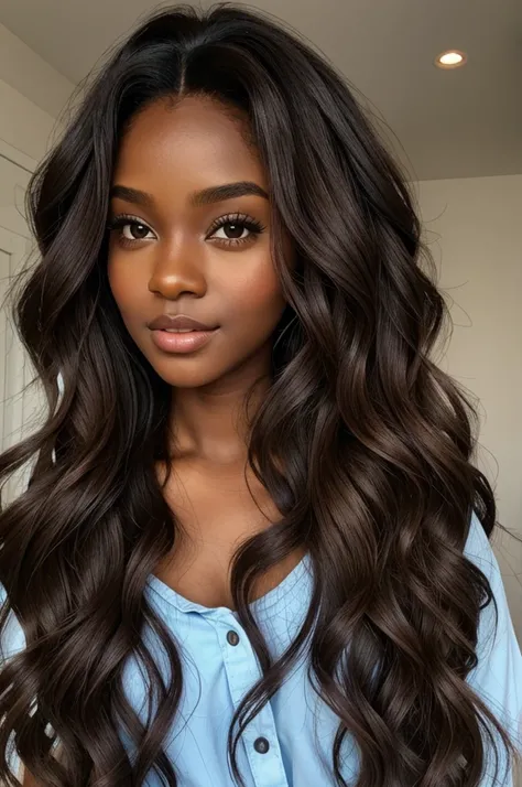 Dark skin doll, brown eyes, medium long curly brown hair 