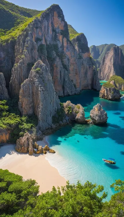 Breathtaking views of a secluded cove surrounded by towering cliffs and turquoise waters.