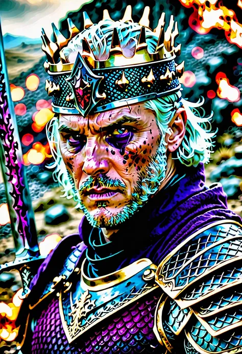 (masterpiece, 8K, UHD, high resolution: 1.4), imposing portrait of Aegon Targaryen, (tall, broad shouldered, powerful appearance: 1.3), (piercing purple eyes, short silver and gold hair: 1, 3), (wearing black scale armor into battle: 1.2), (wielding a blac...