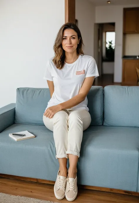 raw photo, full body, 30-year-old woman, casual t-shirt, sitting on the guest sofa, looking at the viewer, wearing cream shoes, ...