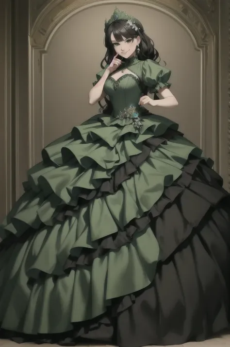 ((masterpiece, best quality)), edgquality,smug,smirk,
ballgown, a woman in a green  dress posing for a picture , wearing a ballg...