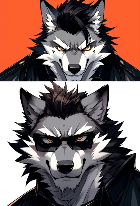 a wolf, with angry and tough faces, wearing dark glasses, with quiff, in face icon pose
