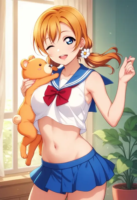 honoka kousaka love live, cowboy shot, blue eyes, orange hair,hair flower, solo, sailor top, sleeveless, breasts, micro skirt, p...